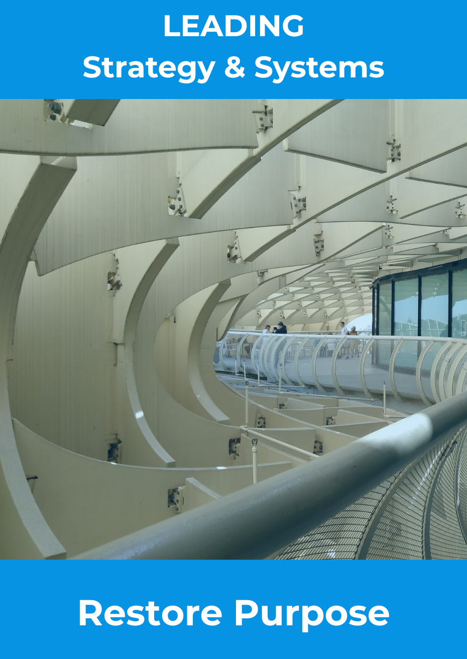 Interior view of a modern architectural space featuring curved design elements and a walkway, with text overlay: 'LEADING Strategy & Systems Restore Purpose'.
