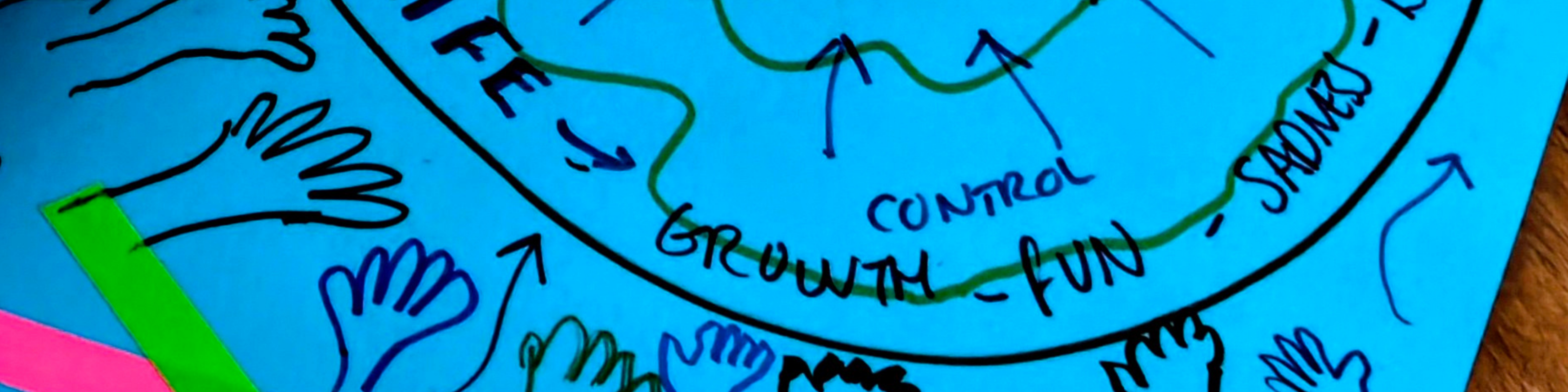 A colourful diagram on blue paper illustrating various emotions and concepts related to life, featuring hand-drawn elements and text labels like 'control', 'growth', 'fun', and 'sadness'.